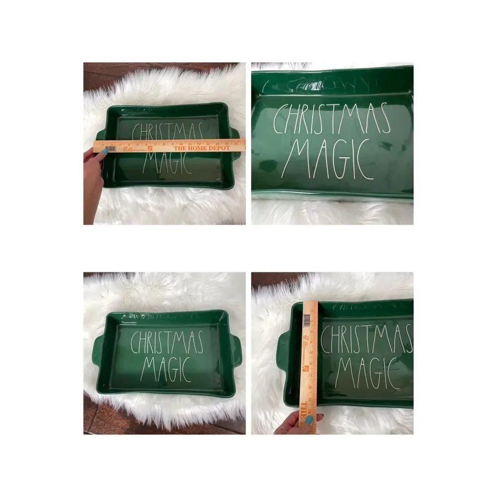 Rae Dunn Christmas Magic Lasagna Dish Green Ceramic Baking Magenta READ Chipped